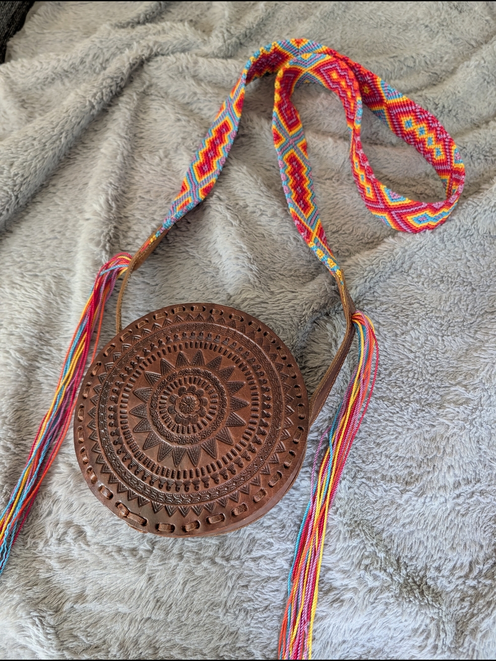 Round Tooled Leather Crossbody with Colorful Rainbow Woven Strap